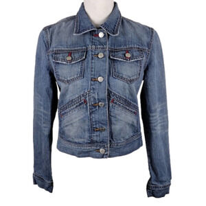 London Jean Blue Medium Wash Collared Long Sleeve Button Down Crop Jean Jacket
